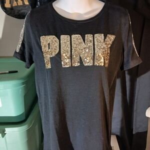 PINK Victoria's Secret Black Tee with Gold Sequin Letters